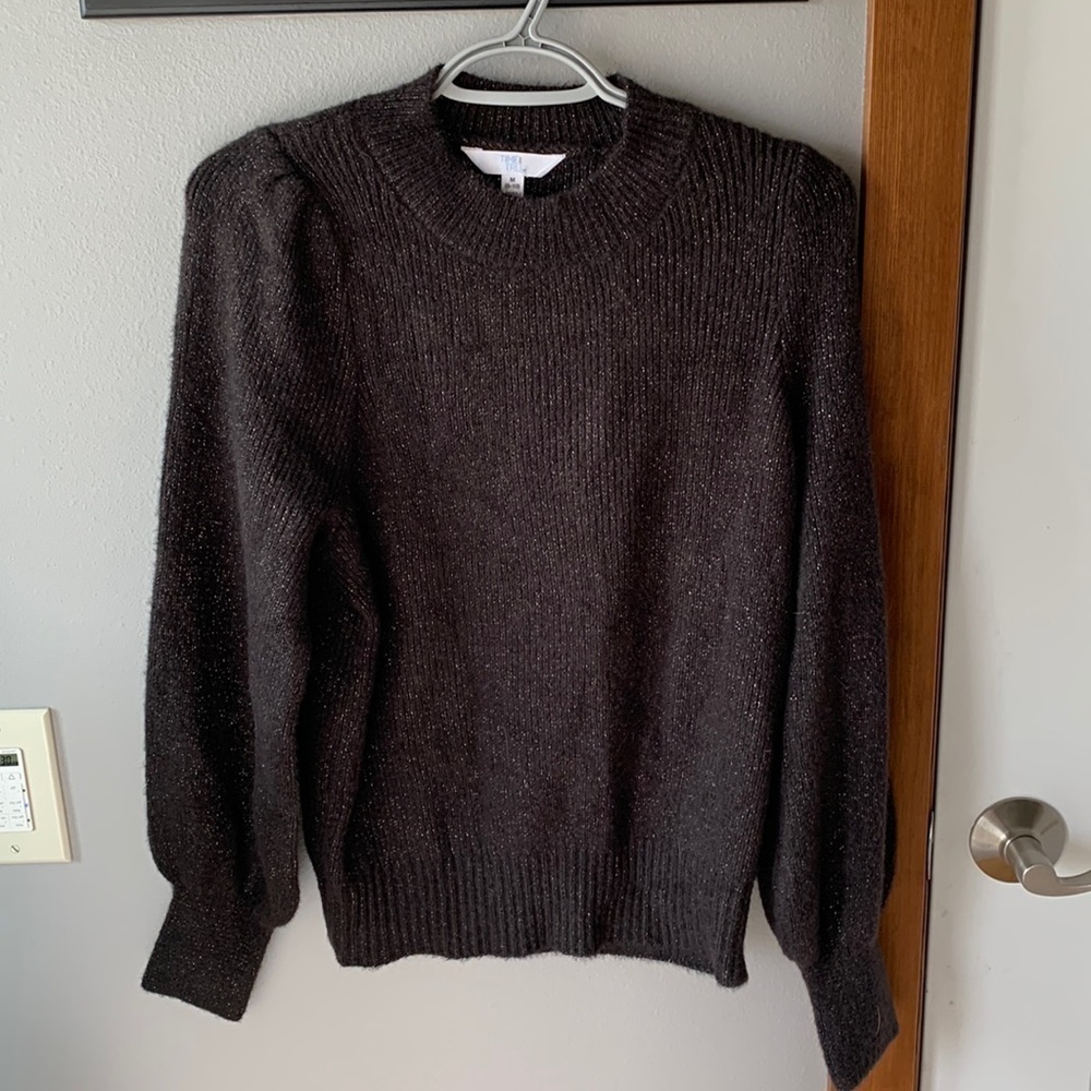 Time & Tru NWT Womens Puff Sleeve Crew Neck Sweater Black Gold Medium Mob Wife - Picture 10 of 15